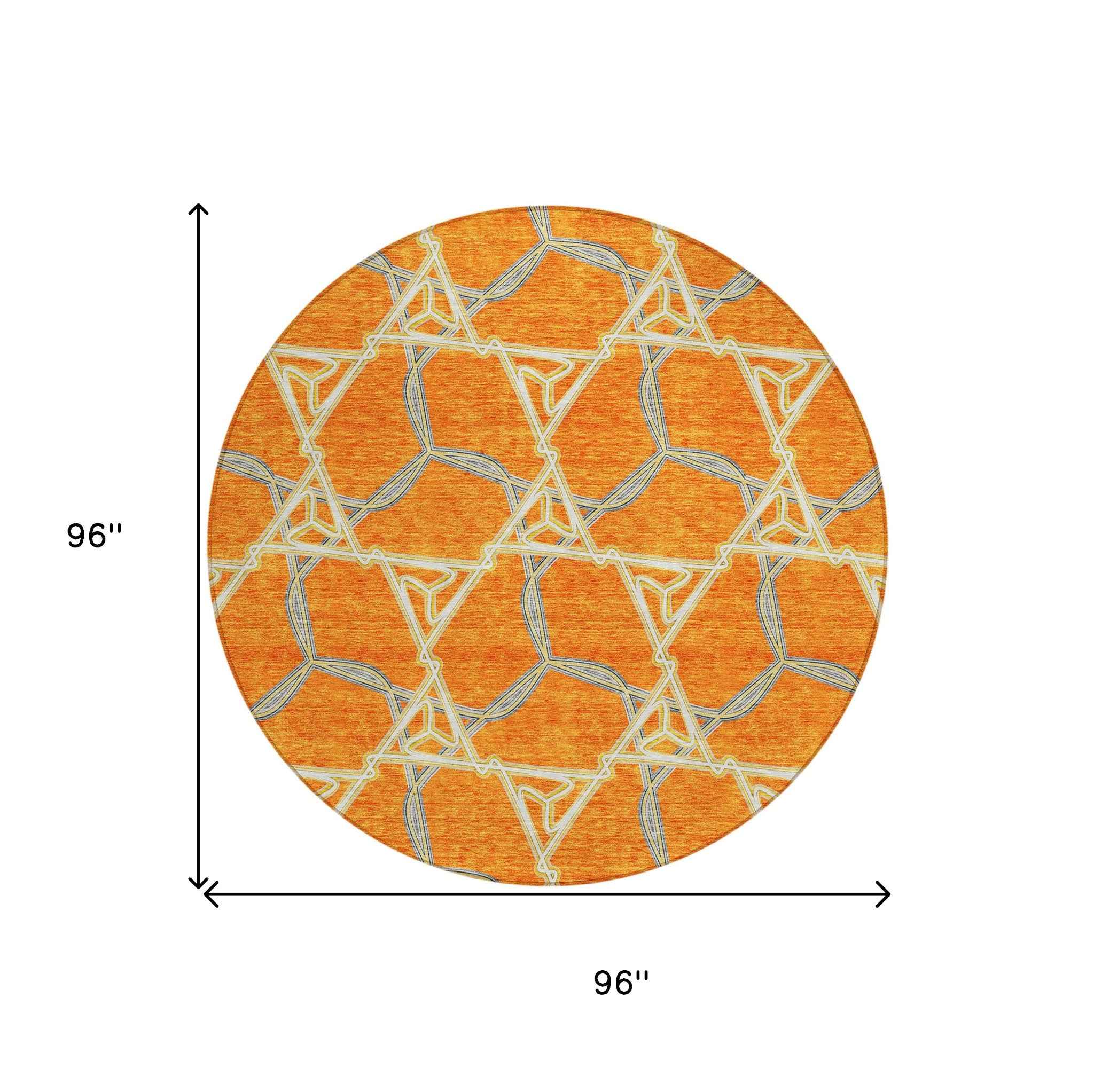8' Orange And Blue Round Geometric Washable Indoor Outdoor Area Rug