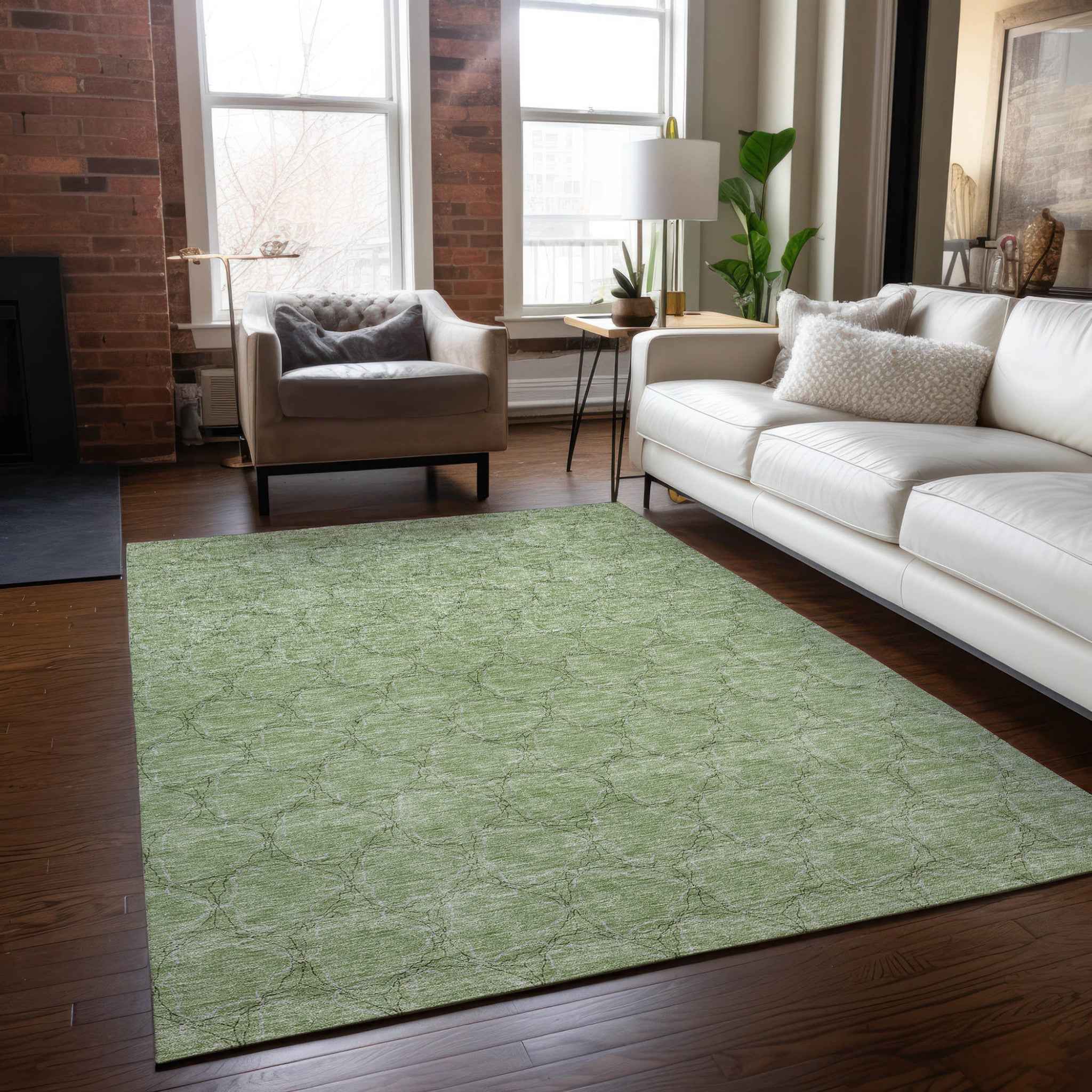 9' X 12' Sage And Ivory Geometric Washable Indoor Outdoor Area Rug
