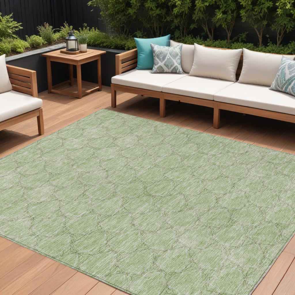 9' X 12' Sage And Ivory Geometric Washable Indoor Outdoor Area Rug