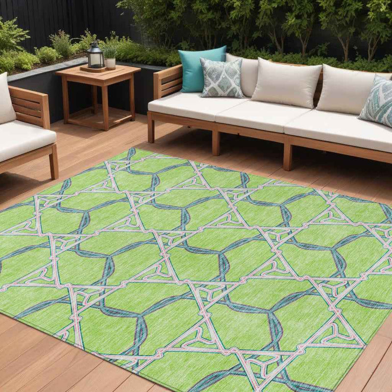 9' X 12' Lime Green And Blue Geometric Washable Indoor Outdoor Area Rug