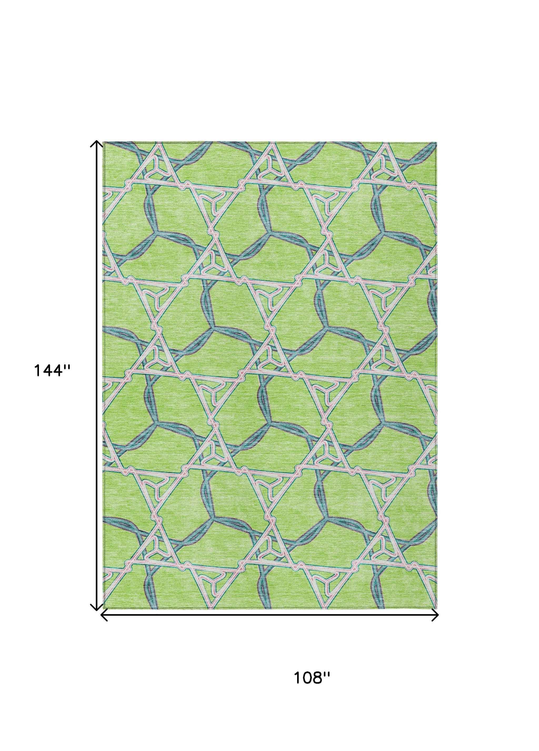 9' X 12' Lime Green And Blue Geometric Washable Indoor Outdoor Area Rug