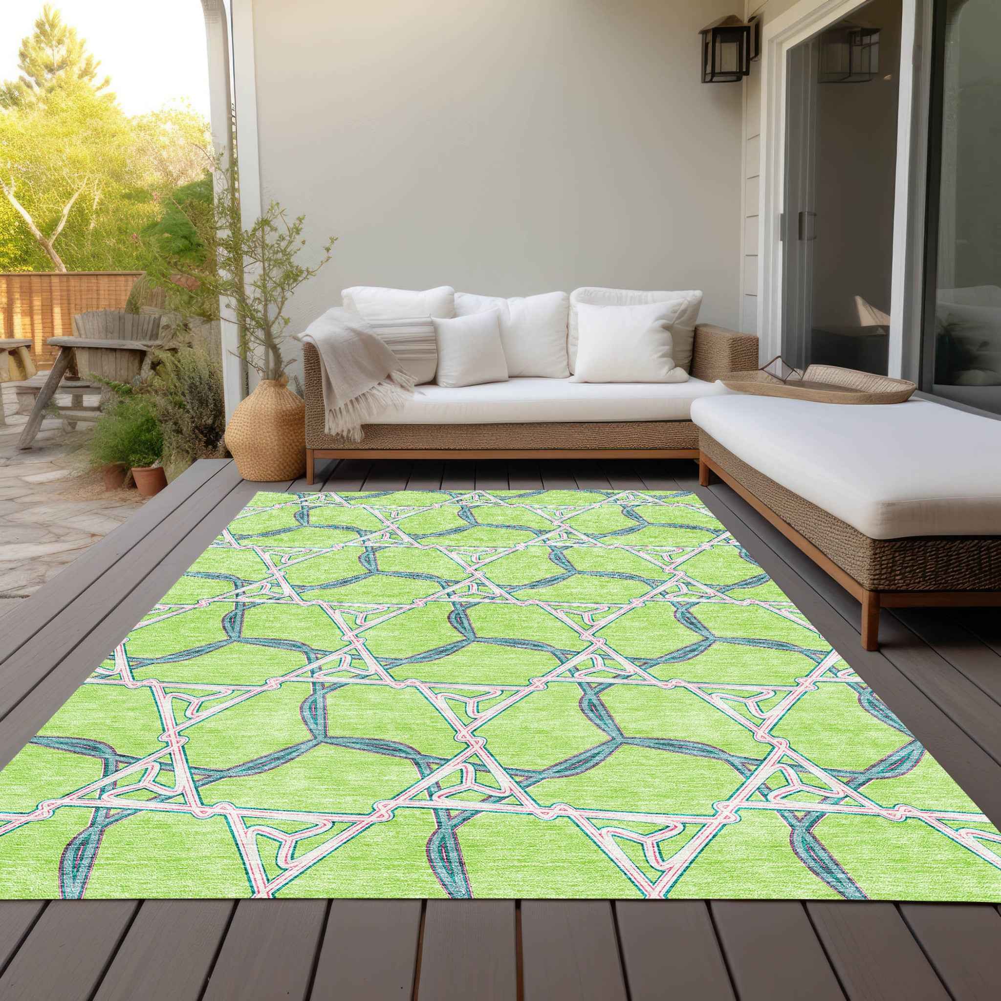 9' X 12' Lime Green And Blue Geometric Washable Indoor Outdoor Area Rug