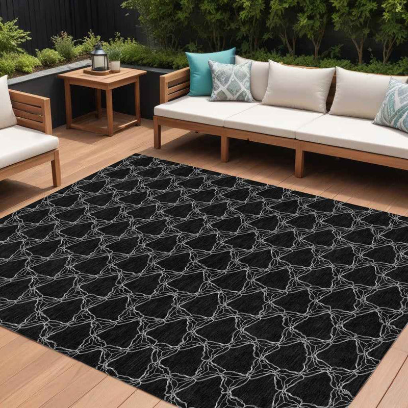 9' X 12' Black And White Geometric Washable Indoor Outdoor Area Rug