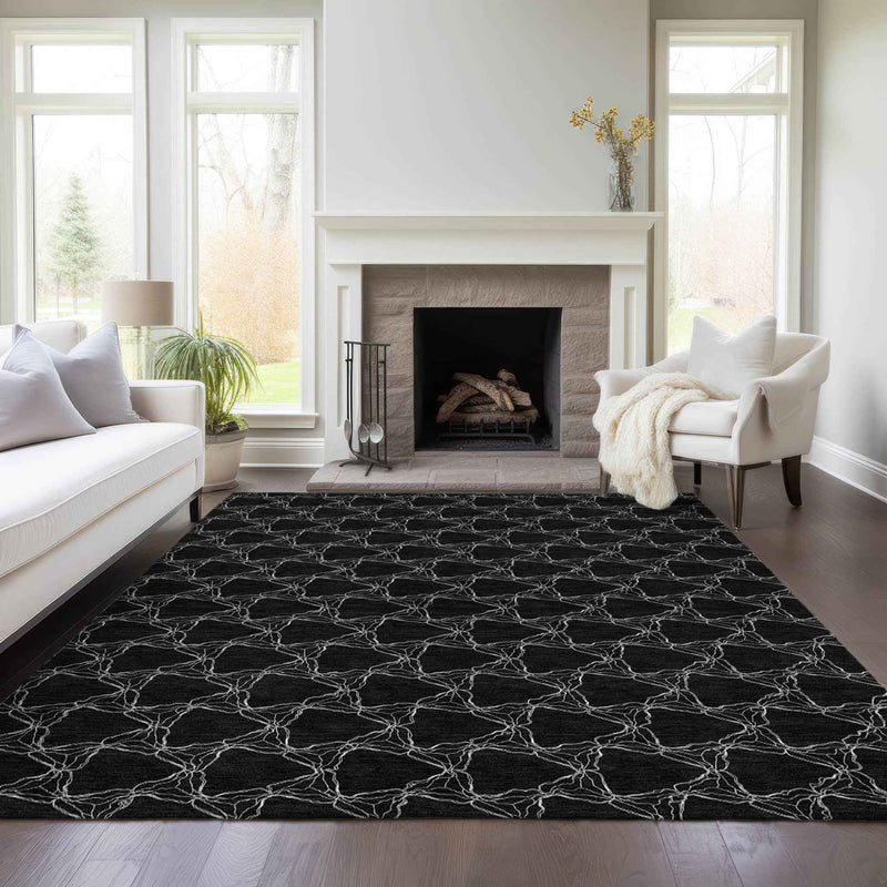 9' X 12' Black And White Geometric Washable Indoor Outdoor Area Rug