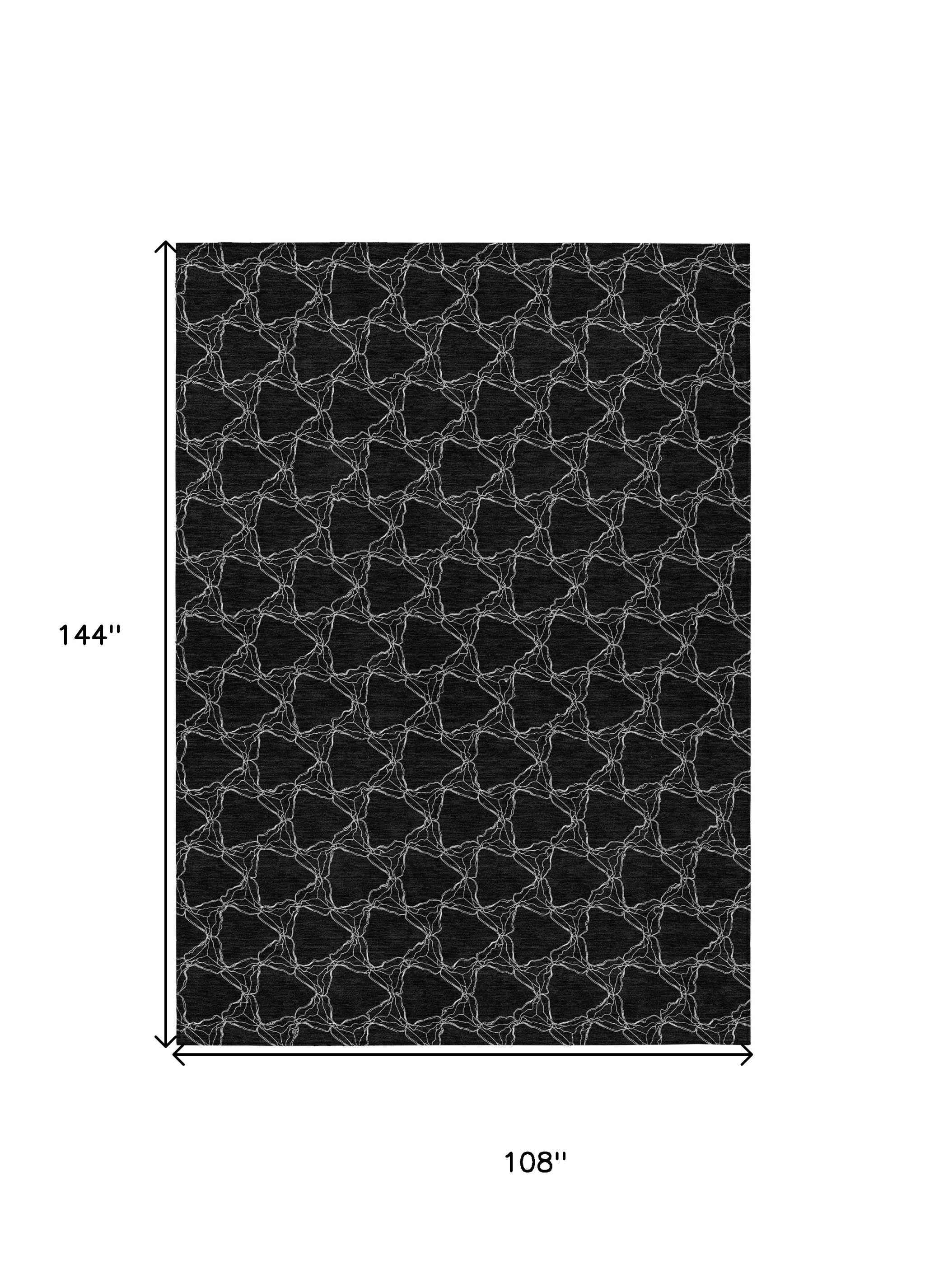 9' X 12' Black And White Geometric Washable Indoor Outdoor Area Rug