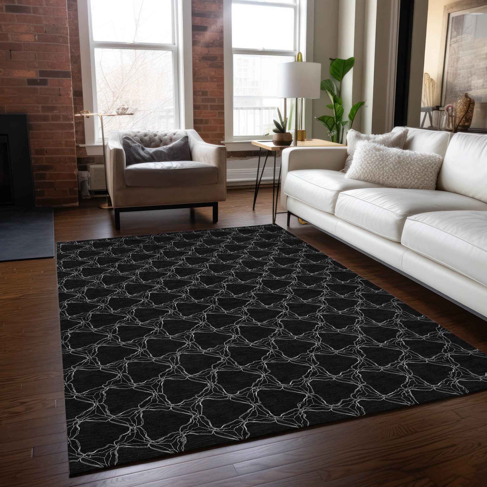 9' X 12' Black And White Geometric Washable Indoor Outdoor Area Rug