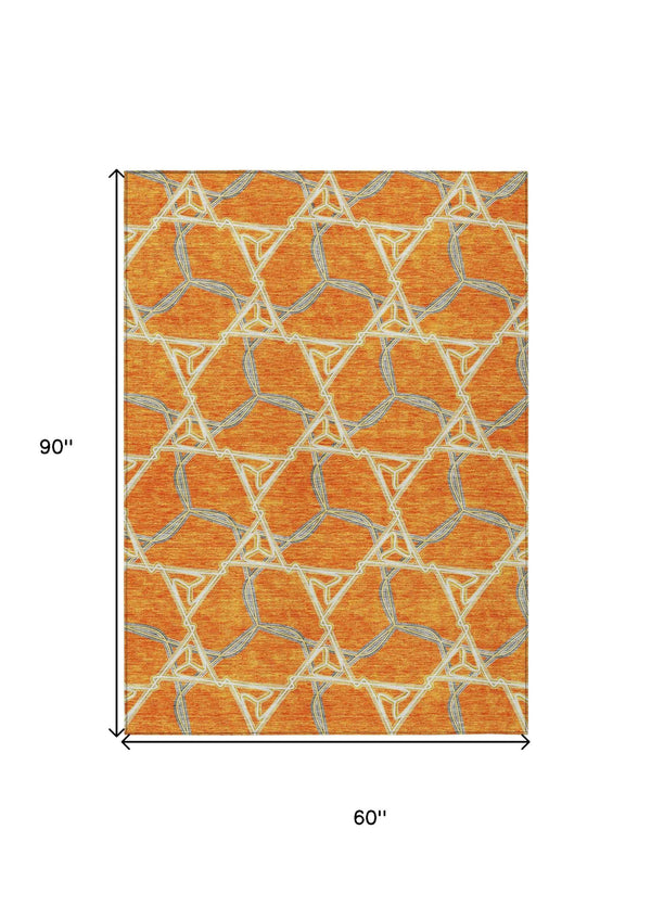 5' X 8' Orange And Blue Geometric Washable Indoor Outdoor Area Rug