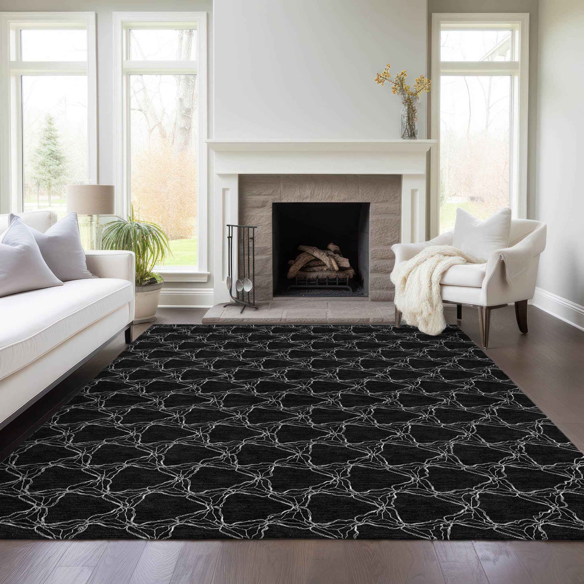 3' X 5' Black And White Geometric Washable Indoor Outdoor Area Rug