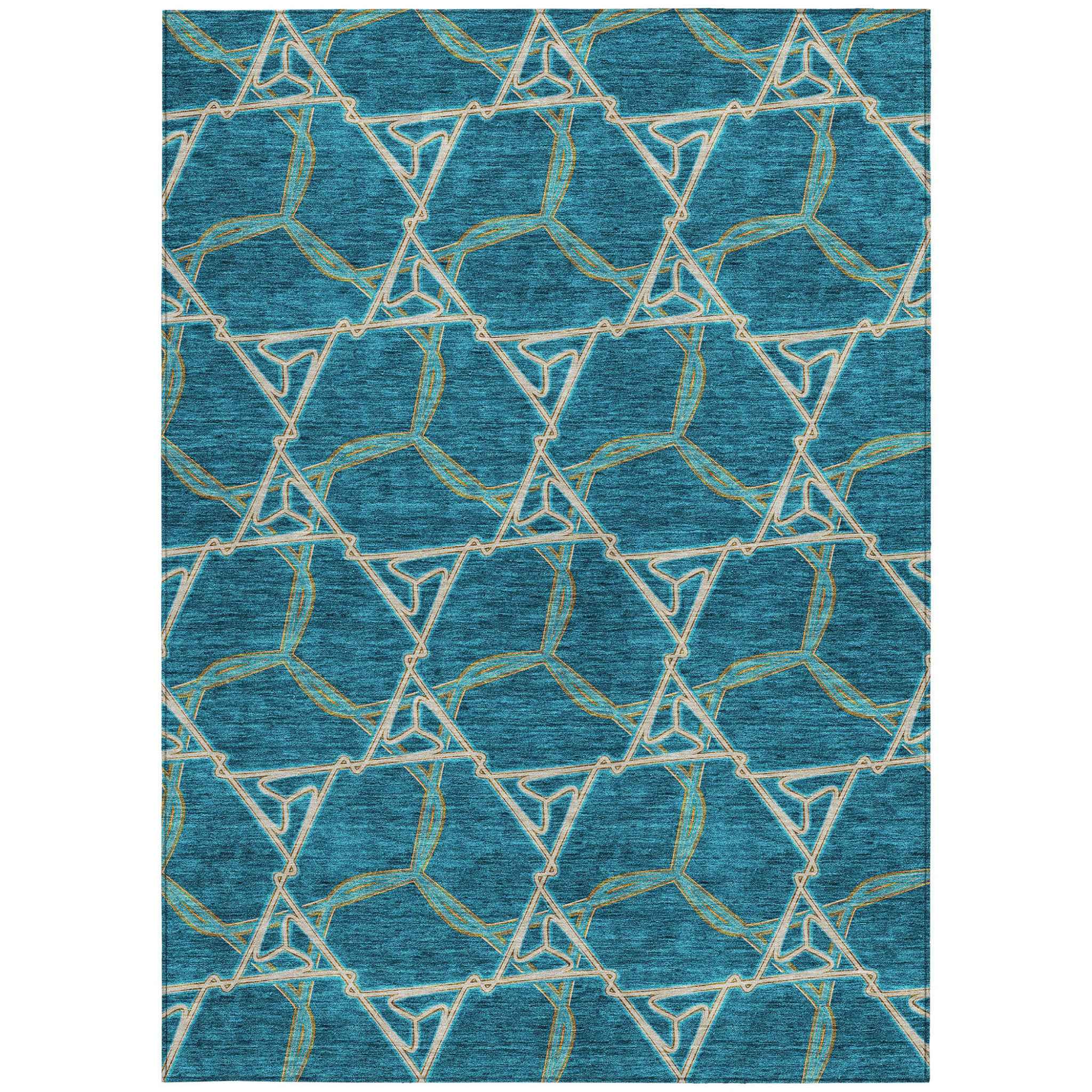 10' X 14' Teal Blue And Beige Geometric Washable Indoor Outdoor Area Rug