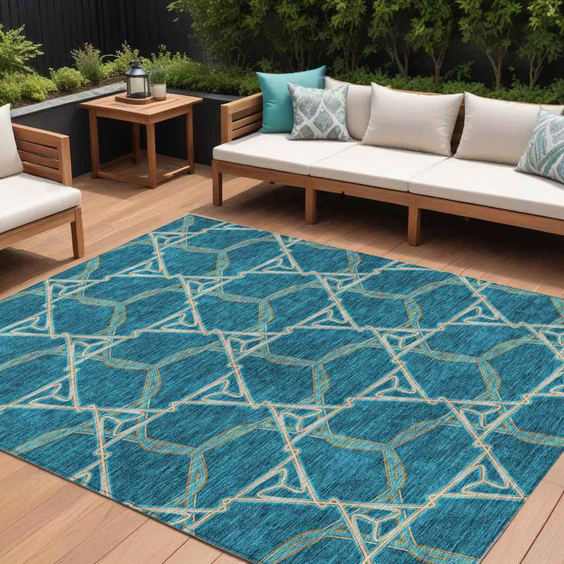 10' X 14' Teal Blue And Beige Geometric Washable Indoor Outdoor Area Rug