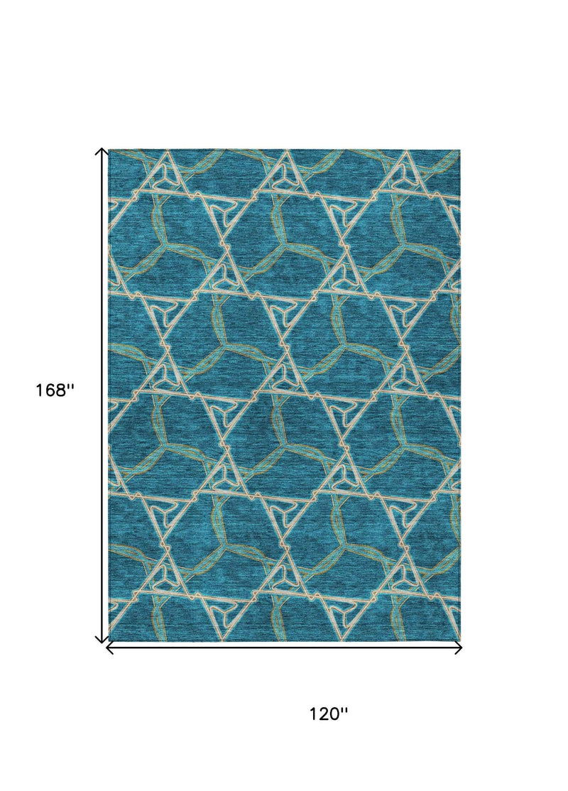 10' X 14' Teal Blue And Beige Geometric Washable Indoor Outdoor Area Rug