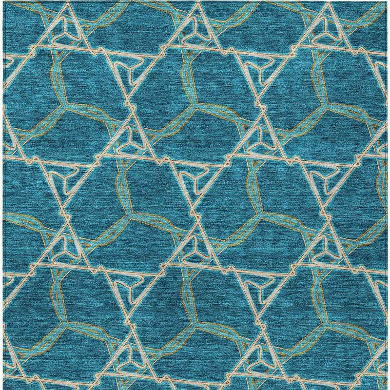 10' X 14' Teal Blue And Beige Geometric Washable Indoor Outdoor Area Rug