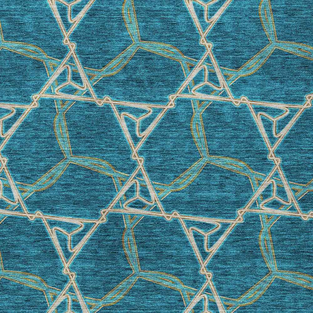 9' X 12' Teal Blue And Beige Geometric Washable Indoor Outdoor Area Rug