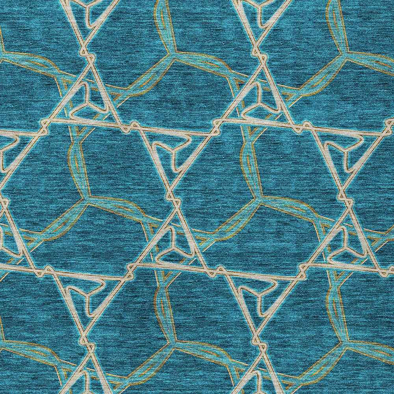 9' X 12' Teal Blue And Beige Geometric Washable Indoor Outdoor Area Rug