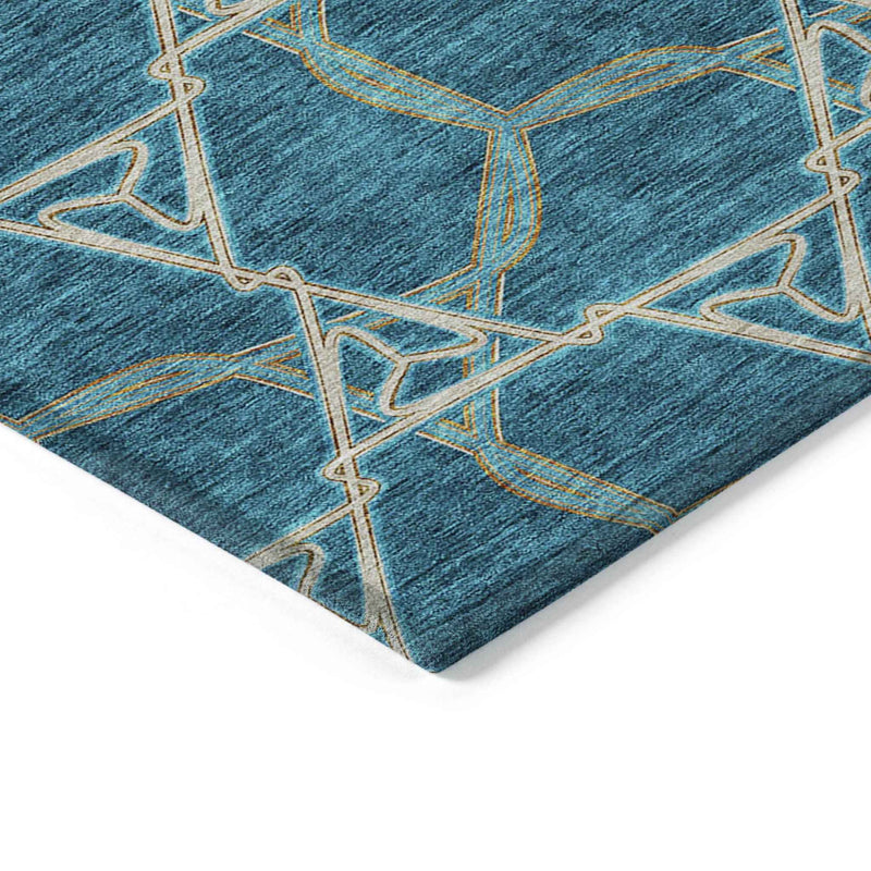 9' X 12' Teal Blue And Beige Geometric Washable Indoor Outdoor Area Rug