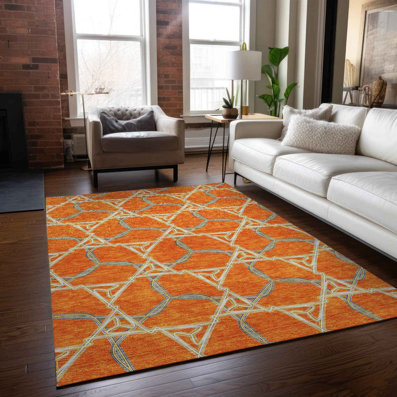 3' X 5' Orange And Blue Geometric Washable Indoor Outdoor Area Rug