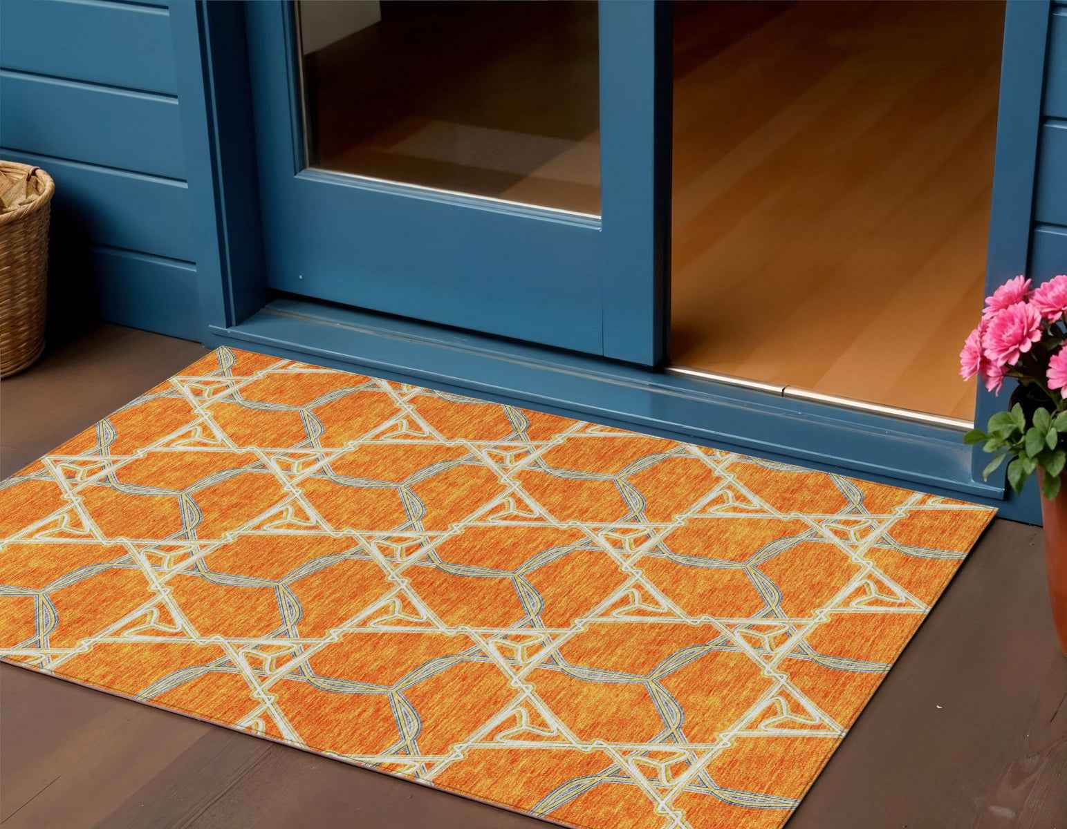 3' X 5' Orange And Blue Geometric Washable Indoor Outdoor Area Rug