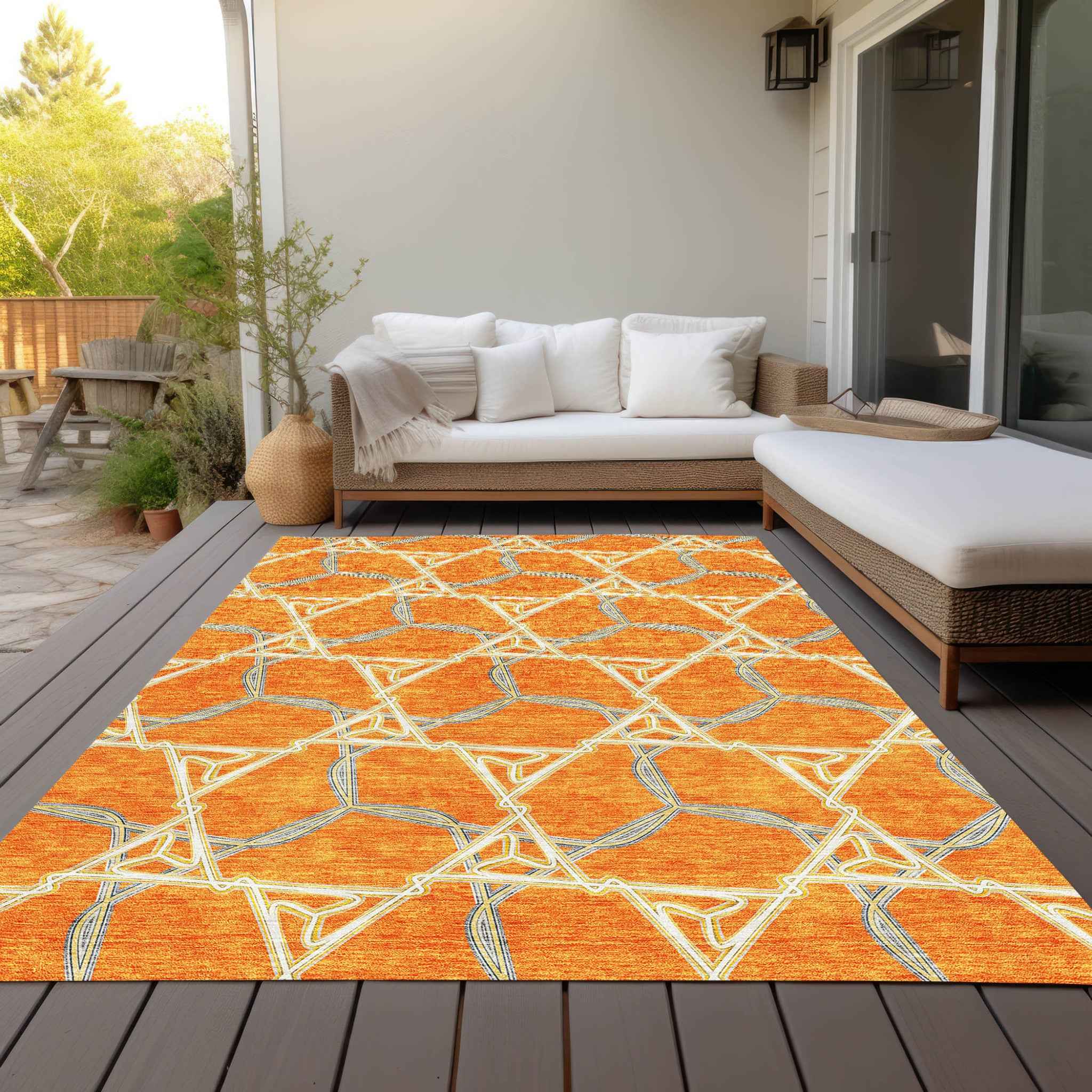 3' X 5' Orange And Blue Geometric Washable Indoor Outdoor Area Rug