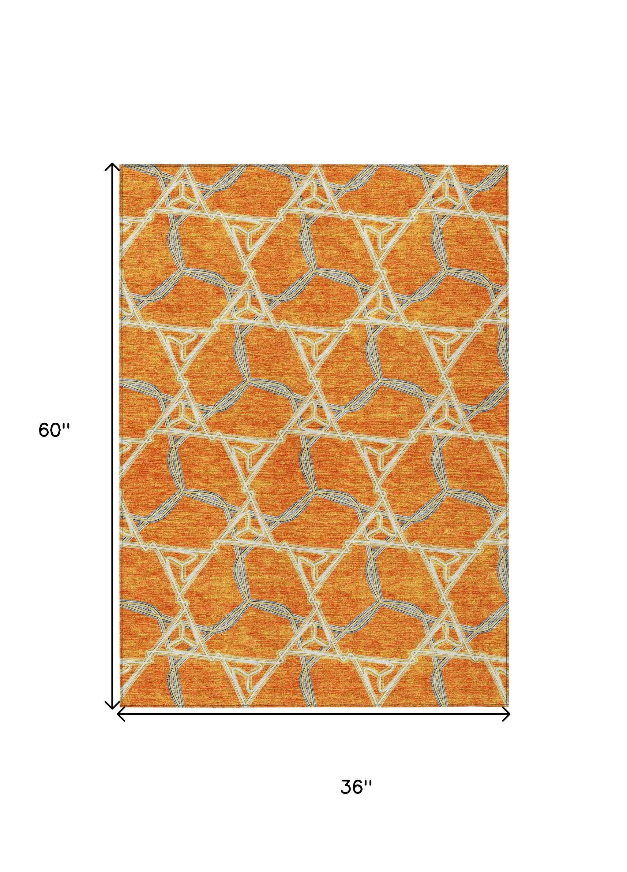 3' X 5' Orange And Blue Geometric Washable Indoor Outdoor Area Rug