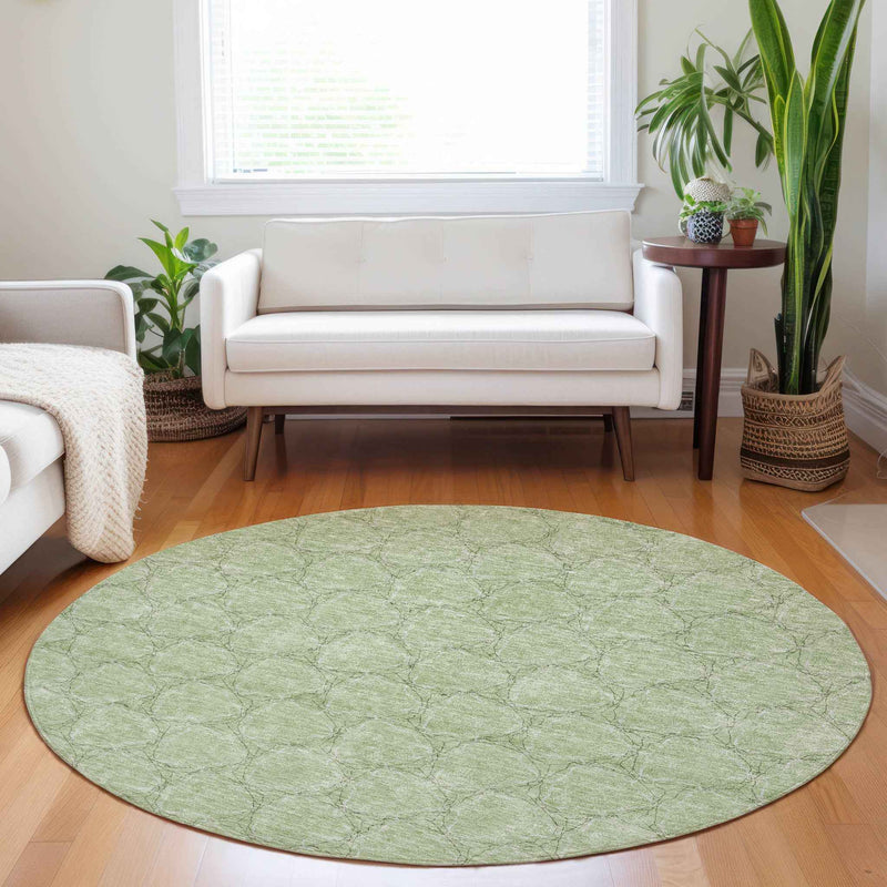 8' Sage And Ivory Round Geometric Washable Indoor Outdoor Area Rug