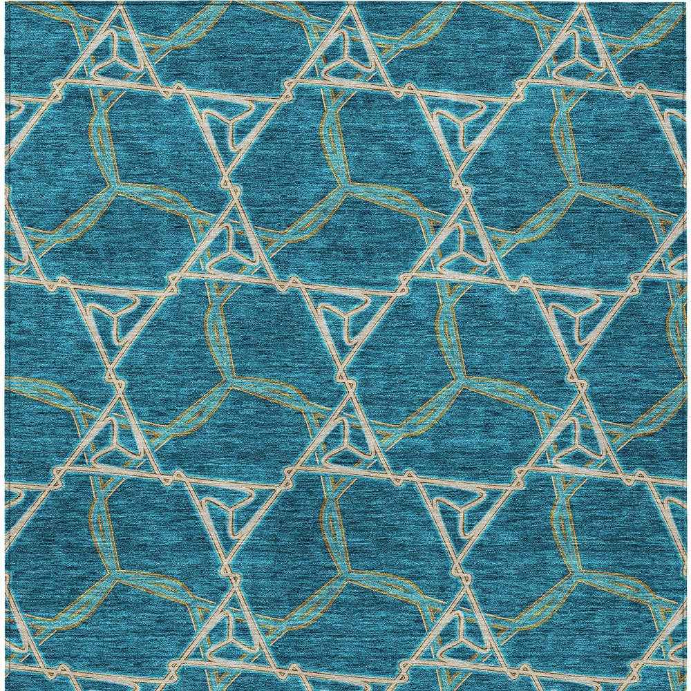 3' X 5' Teal Blue And Beige Geometric Washable Indoor Outdoor Area Rug