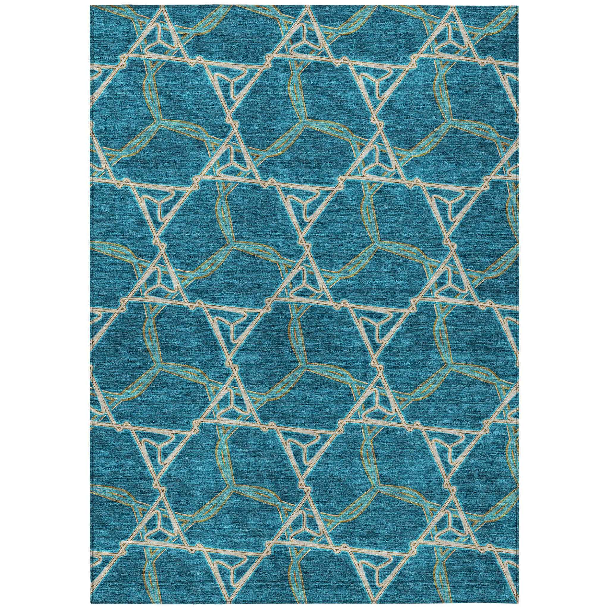 3' X 5' Teal Blue And Beige Geometric Washable Indoor Outdoor Area Rug