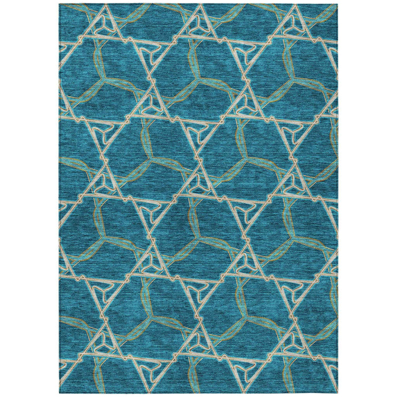 3' X 5' Teal Blue And Beige Geometric Washable Indoor Outdoor Area Rug