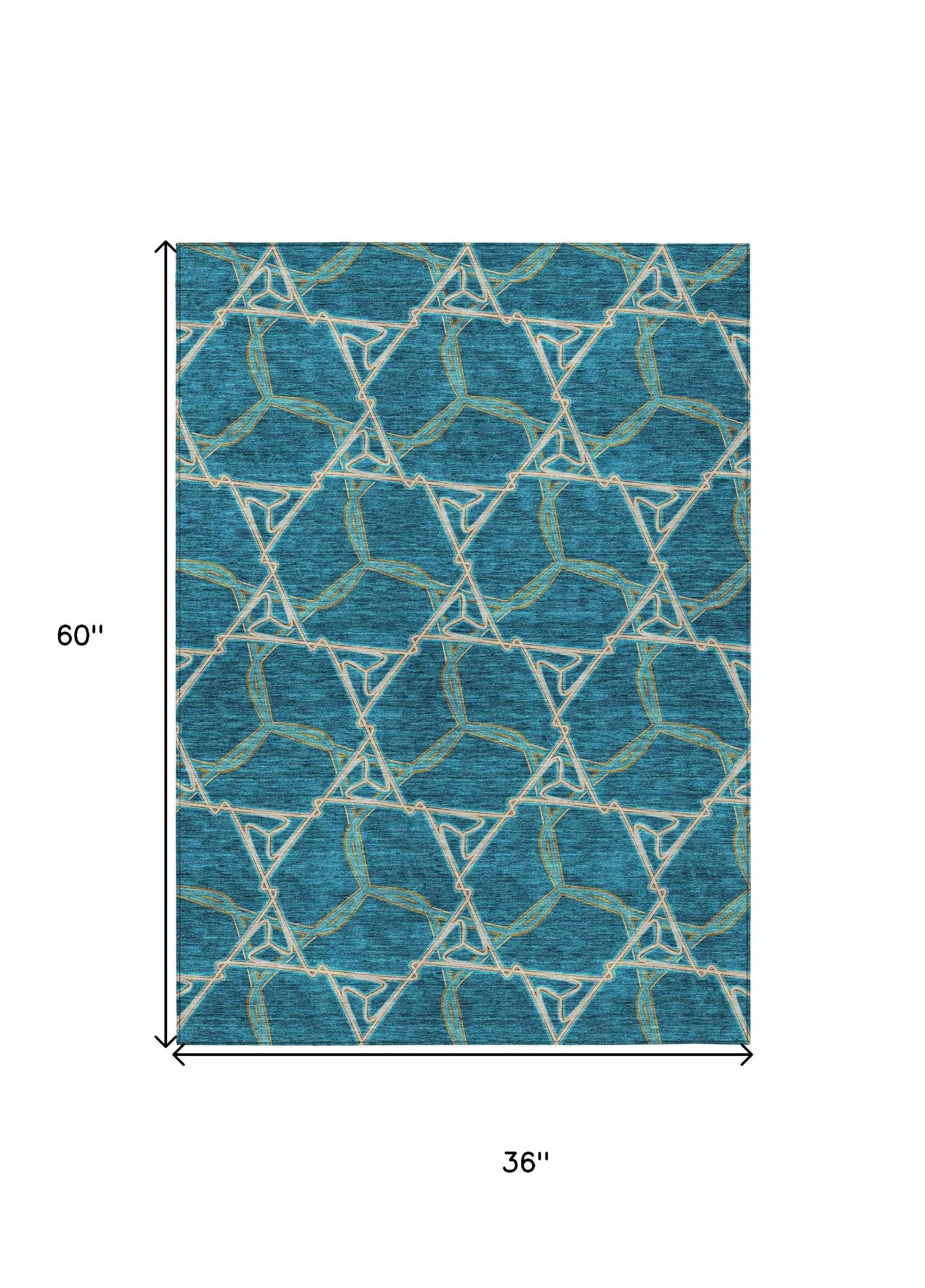 3' X 5' Teal Blue And Beige Geometric Washable Indoor Outdoor Area Rug