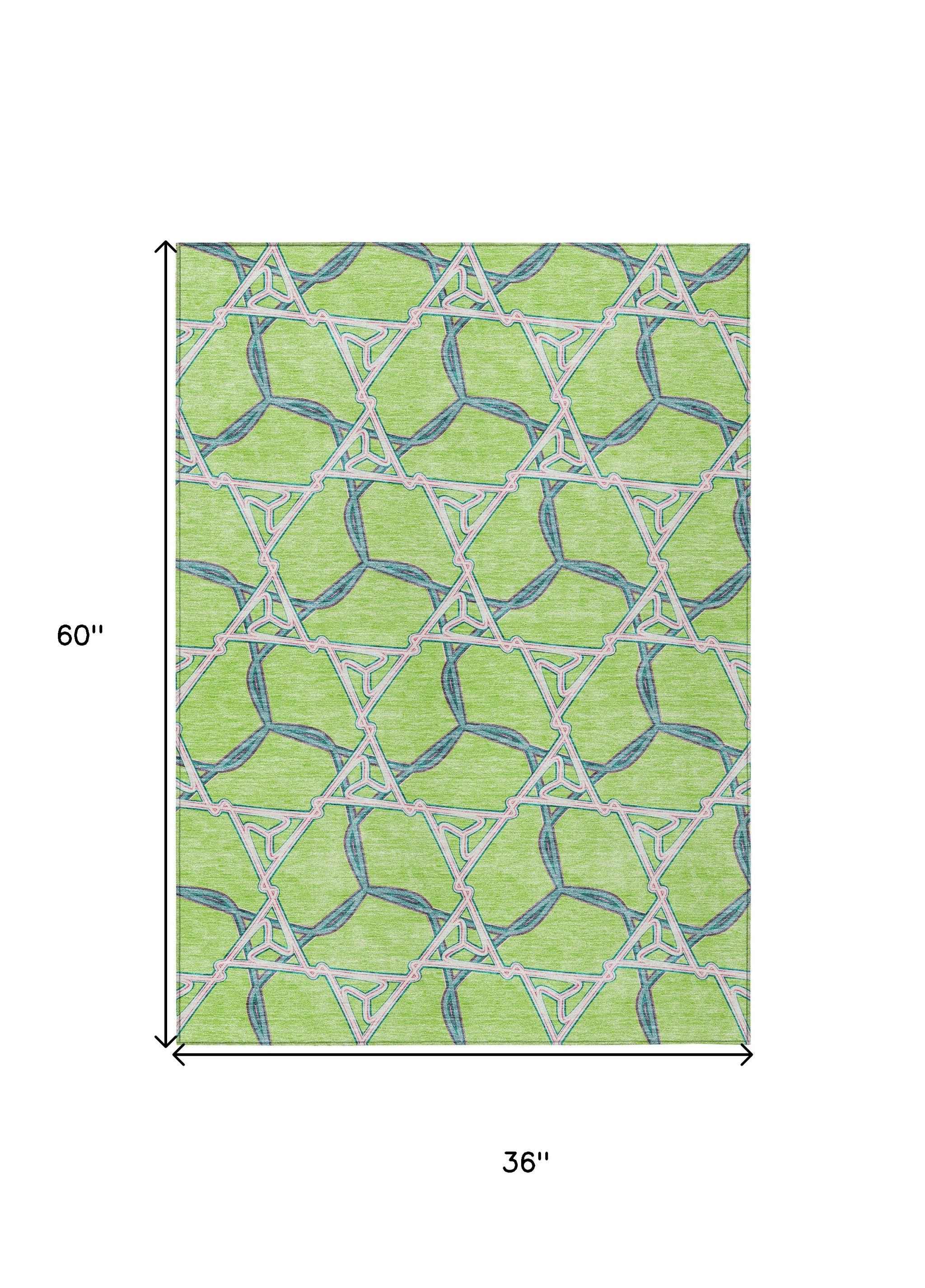 3' X 5' Lime Green And Blue Geometric Washable Indoor Outdoor Area Rug