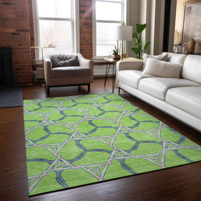 3' X 5' Lime Green And Blue Geometric Washable Indoor Outdoor Area Rug