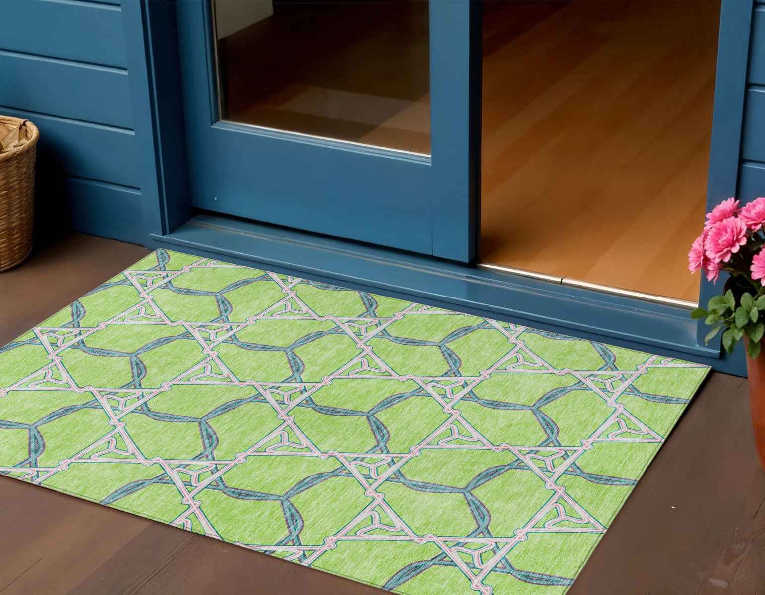 3' X 5' Lime Green And Blue Geometric Washable Indoor Outdoor Area Rug