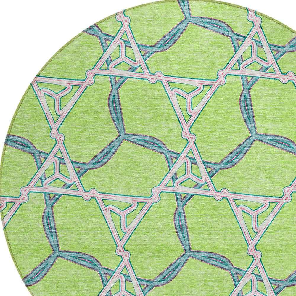 8' Lime Green And Blue Round Geometric Washable Indoor Outdoor Area Rug