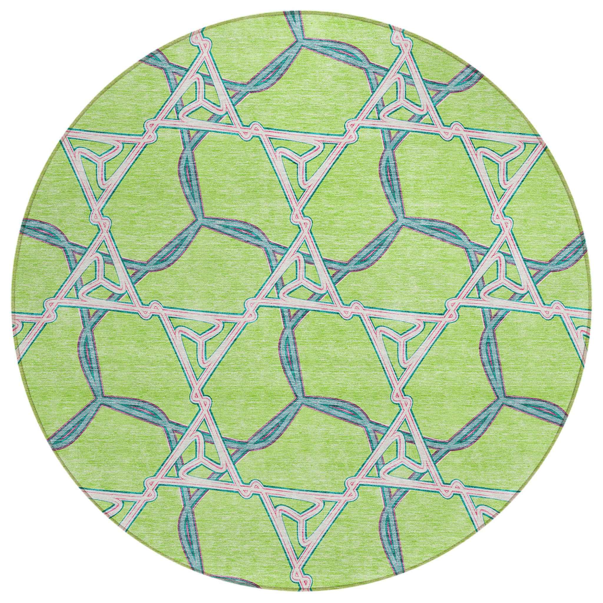 8' Lime Green And Blue Round Geometric Washable Indoor Outdoor Area Rug