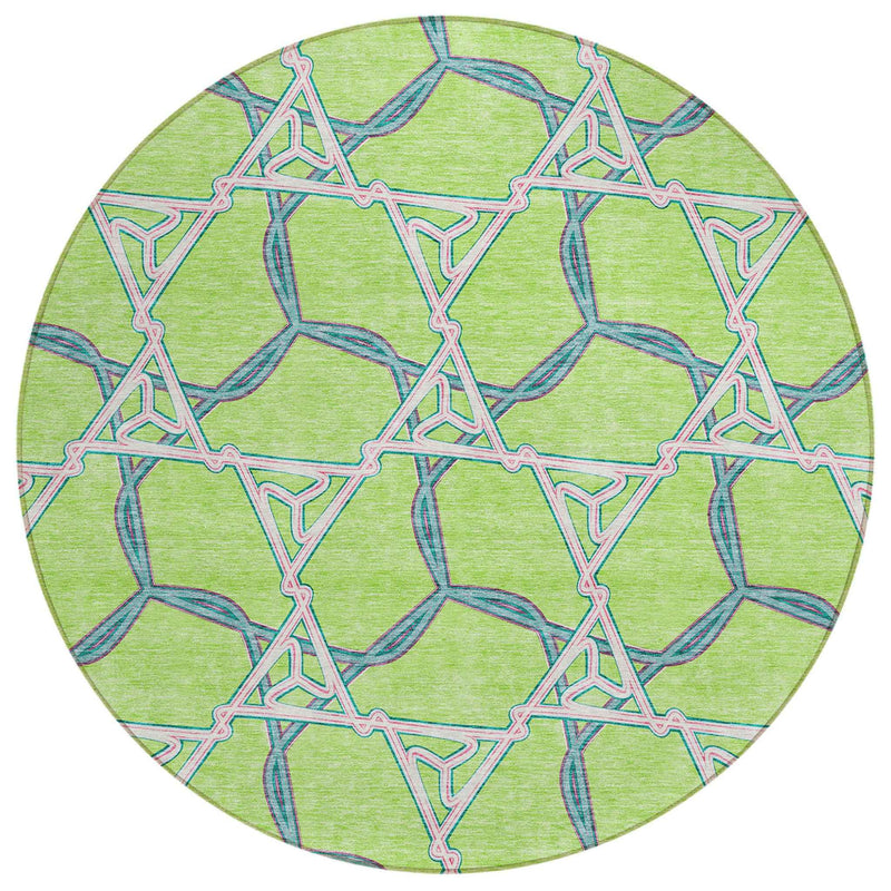 8' Lime Green And Blue Round Geometric Washable Indoor Outdoor Area Rug