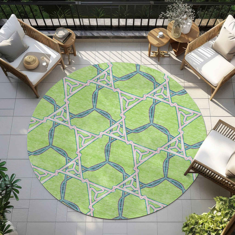 8' Lime Green And Blue Round Geometric Washable Indoor Outdoor Area Rug