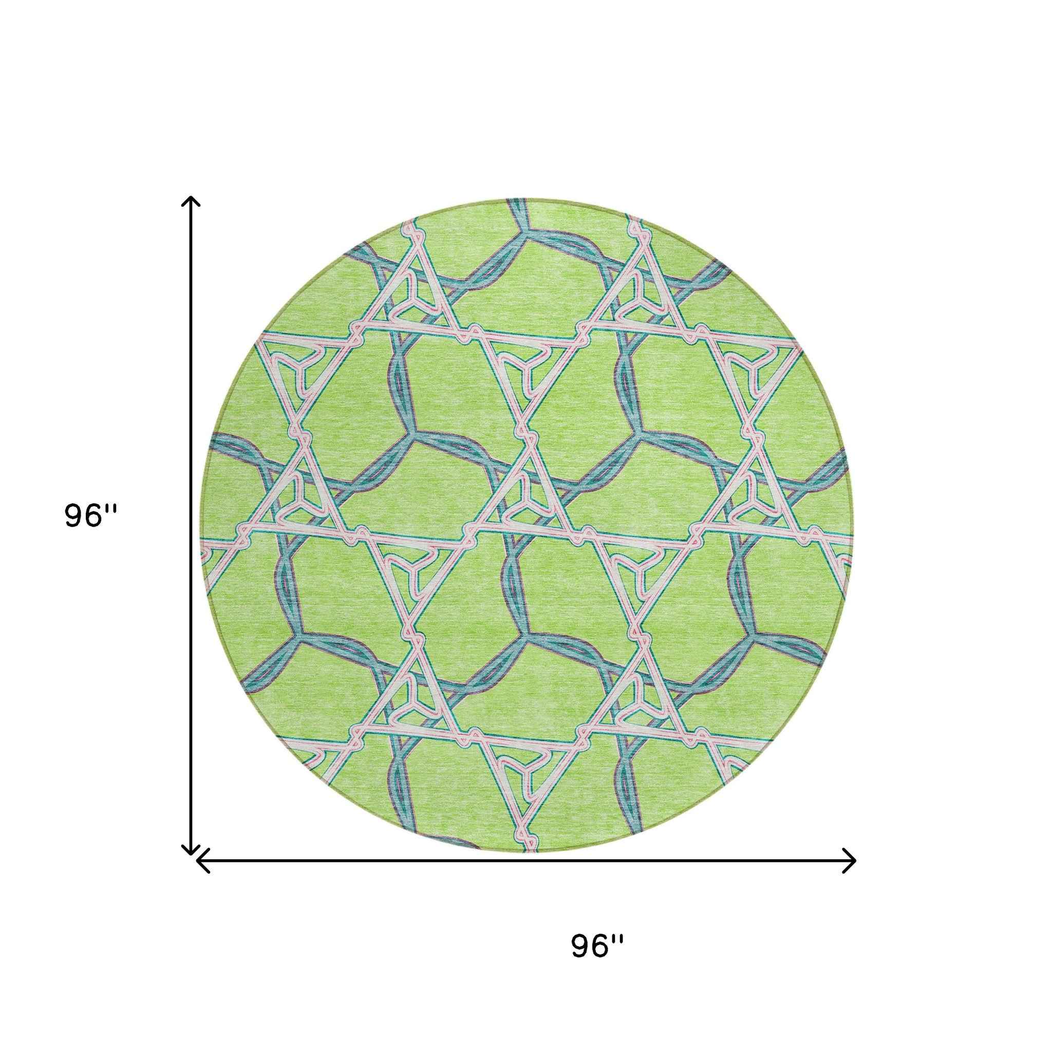 8' Lime Green And Blue Round Geometric Washable Indoor Outdoor Area Rug
