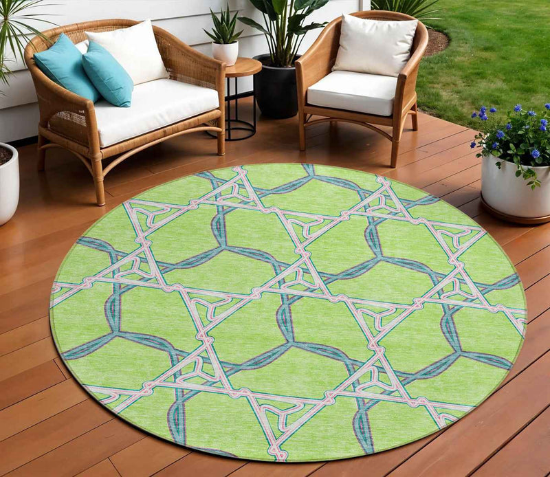 8' Lime Green And Blue Round Geometric Washable Indoor Outdoor Area Rug