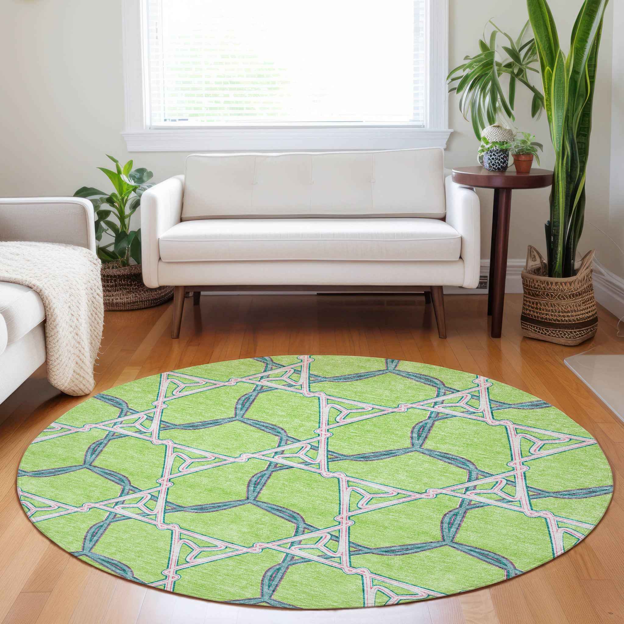 8' Lime Green And Blue Round Geometric Washable Indoor Outdoor Area Rug