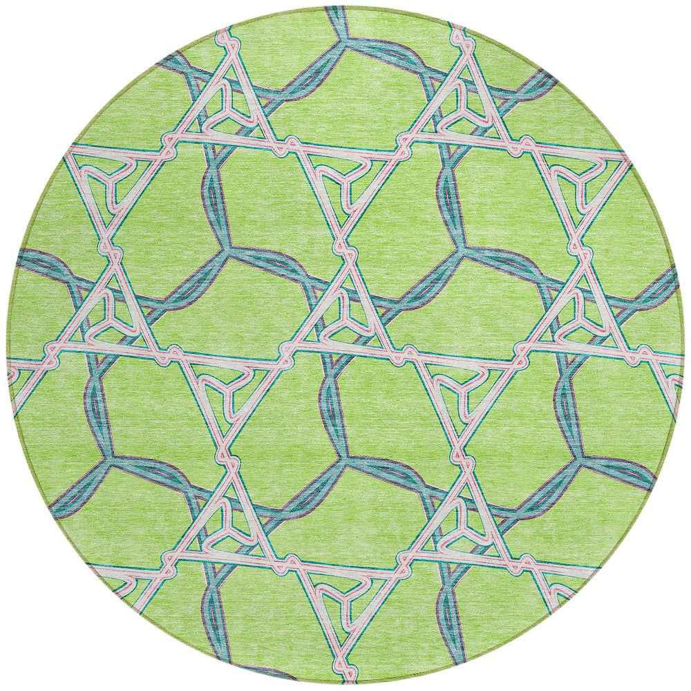 8' Lime Green And Blue Round Geometric Washable Indoor Outdoor Area Rug