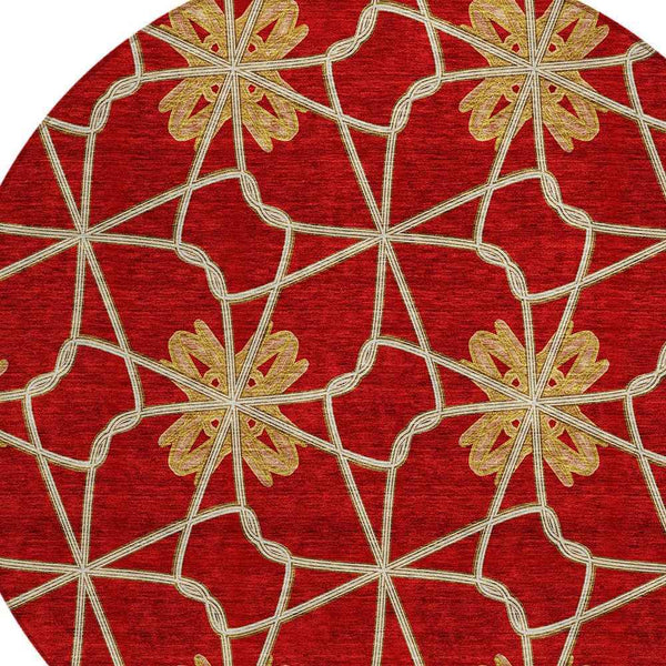 8' Orange And Gold Round Geometric Washable Indoor Outdoor Area Rug