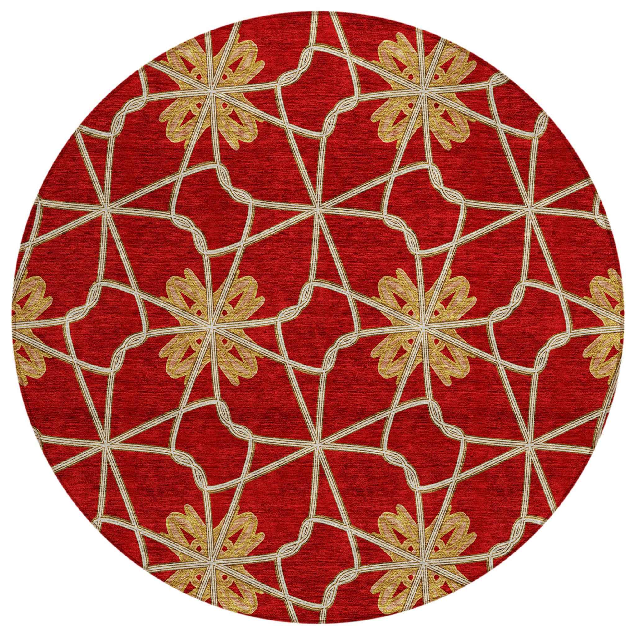 8' Orange And Gold Round Geometric Washable Indoor Outdoor Area Rug