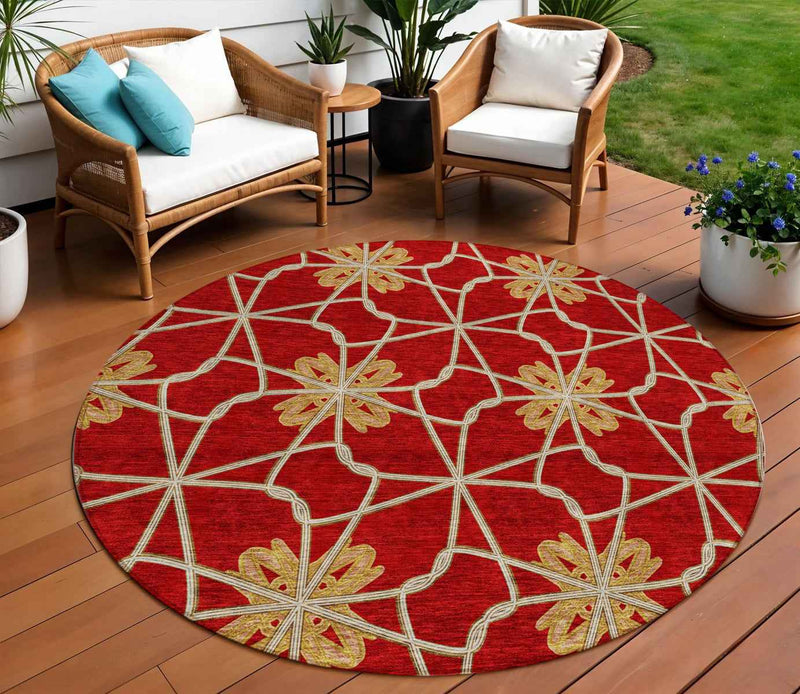 8' Orange And Gold Round Geometric Washable Indoor Outdoor Area Rug