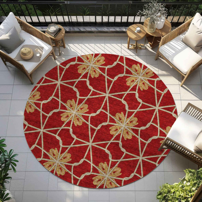 8' Orange And Gold Round Geometric Washable Indoor Outdoor Area Rug