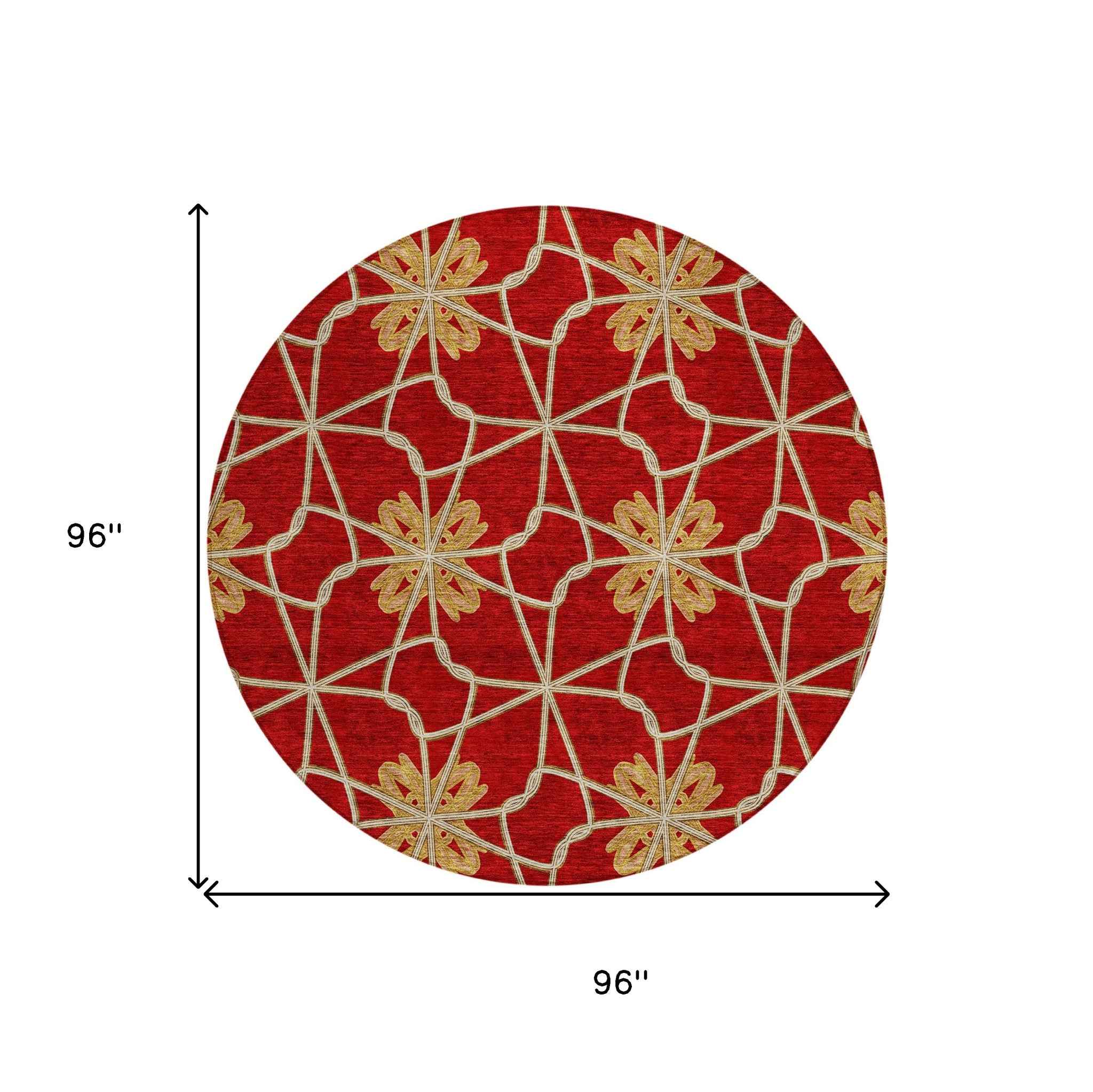 8' Orange And Gold Round Geometric Washable Indoor Outdoor Area Rug