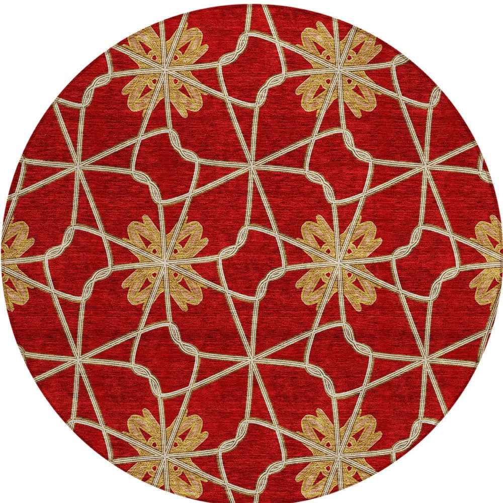 8' Orange And Gold Round Geometric Washable Indoor Outdoor Area Rug