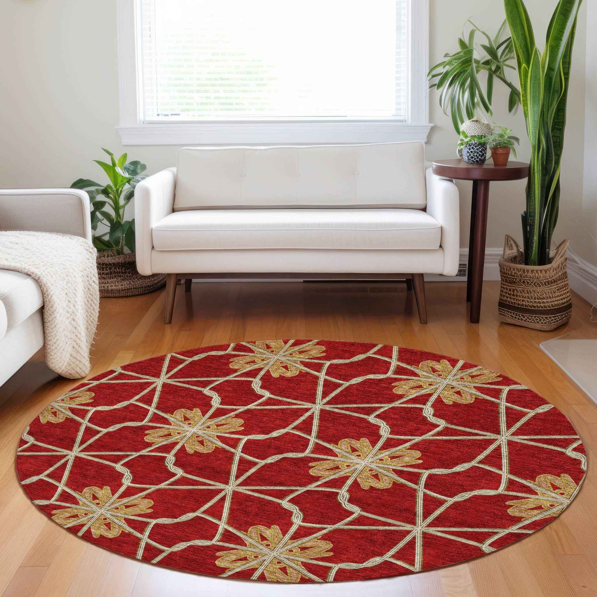 8' Orange And Gold Round Geometric Washable Indoor Outdoor Area Rug