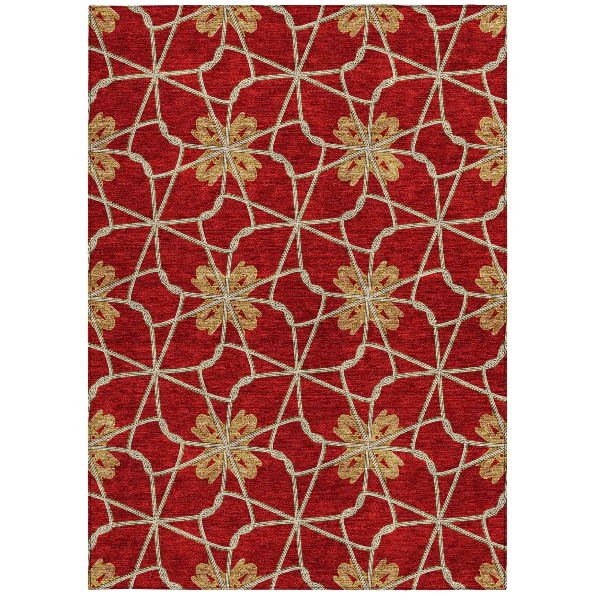 5' X 8' Orange And Gold Geometric Washable Indoor Outdoor Area Rug