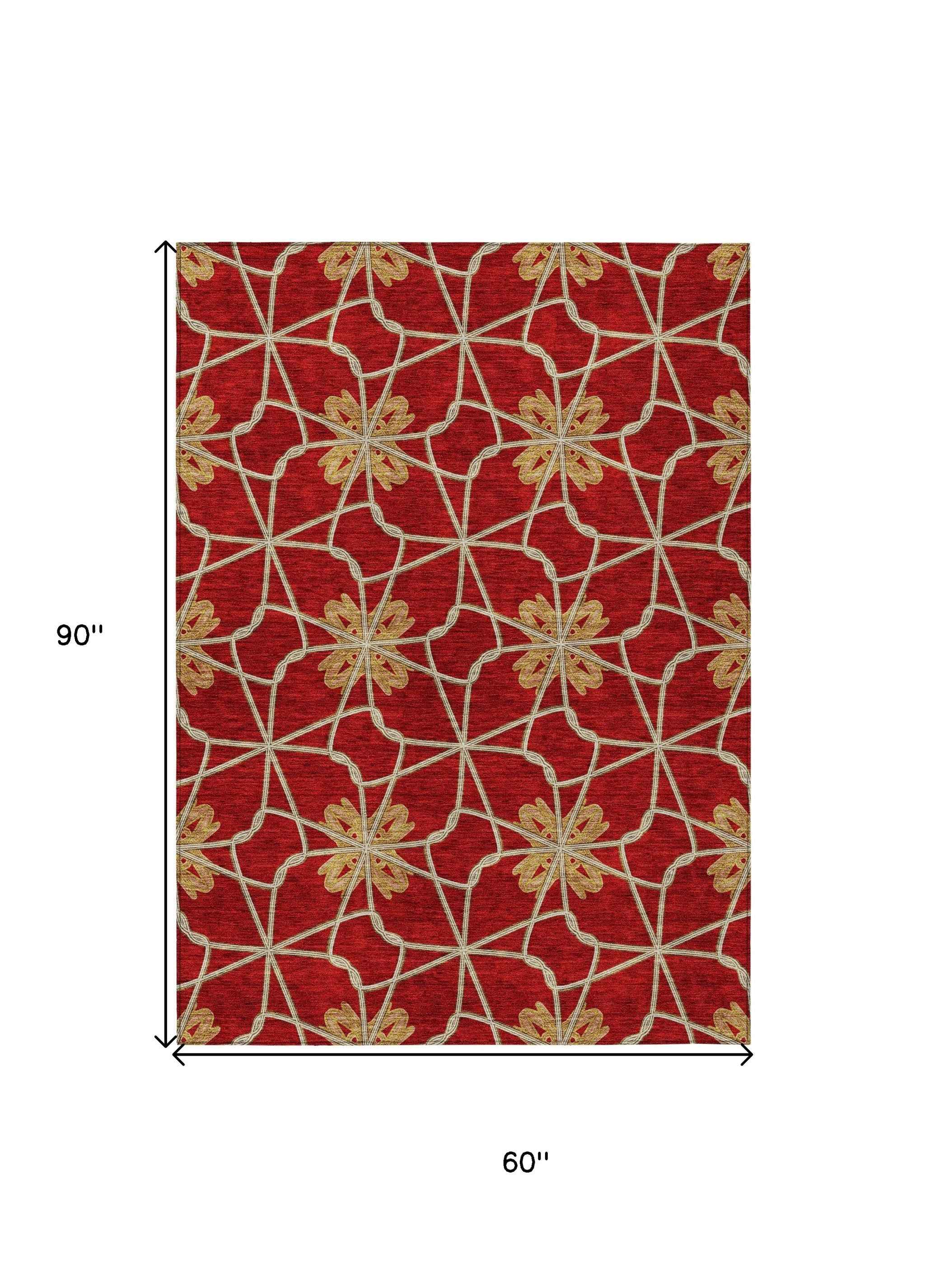 5' X 8' Orange And Gold Geometric Washable Indoor Outdoor Area Rug