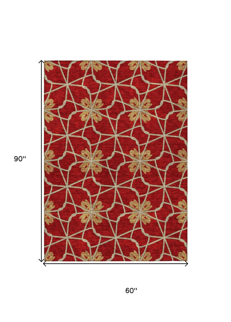 5' X 8' Orange And Gold Geometric Washable Indoor Outdoor Area Rug