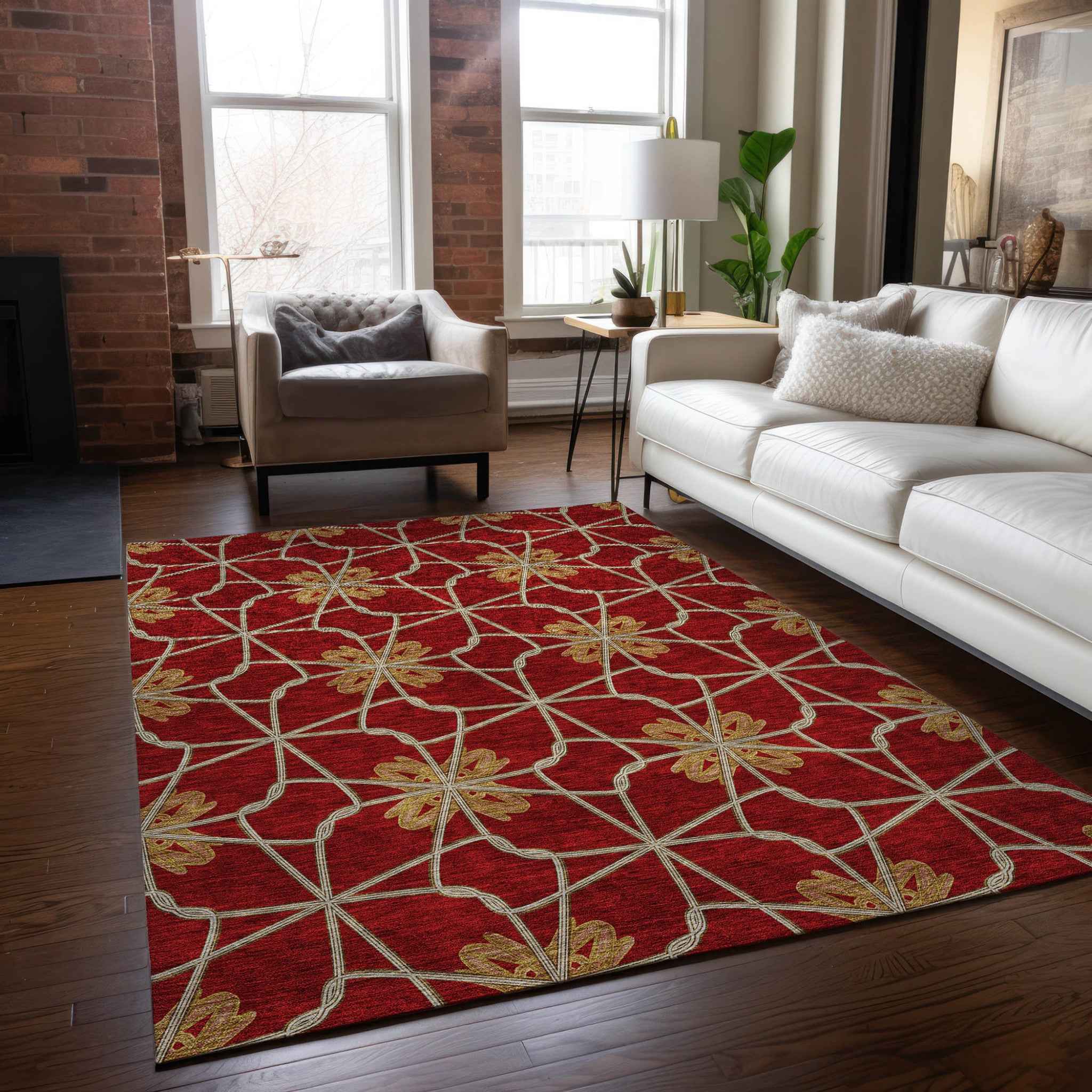 5' X 8' Orange And Gold Geometric Washable Indoor Outdoor Area Rug